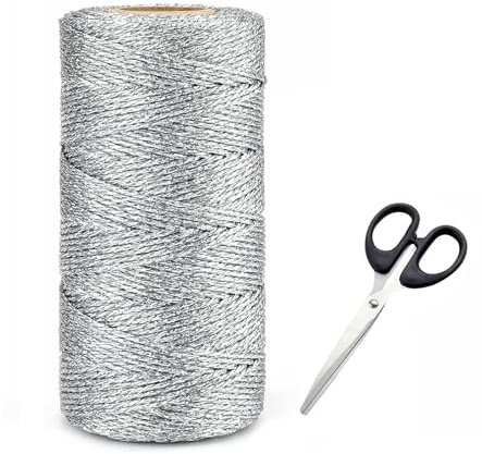 GQunit Cordoncino argentato metallizzato, 100 m, 1,5 mm, per bricolage, con forbici | Nastro regalo argentato; filo di nylon da 1,5 mm; filo per fai da te; decorazione natalizia; non elastico