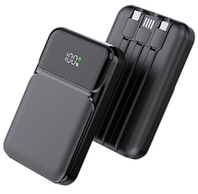 All-in-One Power Bank with Built-in Cables 10000mAh Slim Portable Charger with Smart LED Display Fast Charging External Battery Pack Compatible with iPhone Google Pixel & More (Black, 10000mAh)