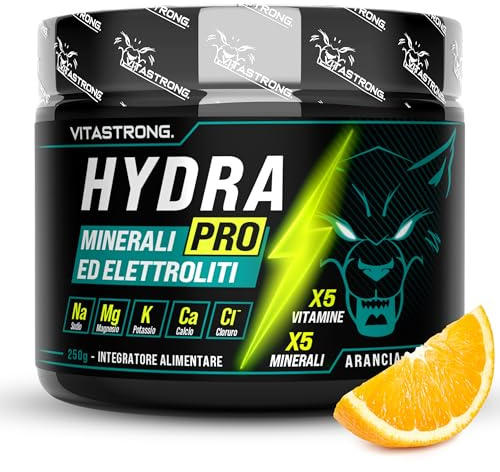 Pre Workout Vitastrong Hydra Pro Polvere 250g, Complesso di 5 Minerali 5 Vitamine e Rhodiola Rosea, Vitamina C, Magnesio Malato, Vitamina B12, Sali Minerali Elettroliti Senza Zucchero, Gusto Arancia