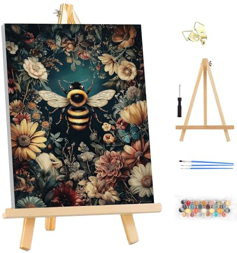MEIYUDA Peinture par Numero Adulte Abeille Fleurs avec Cadre, DIY Peinture pour Débutants, Facile sur Toile Avec Peintures et Pinceaux Decoration Maison Cadeau 25x35cm
