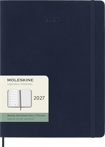 Moleskine Agenda Settimanale 2027, Planner 12 Mesi Con Spazio Per Note, Copertina Morbida e Chiusura Elastica, Formato XL 19x25 cm, Colore Blu Zaffiro