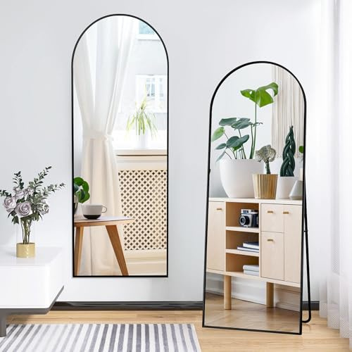 KeepGoon Miroir Complet bombé avec Coins arrondis, 164 x 54 cm Miroir sur Pied, à Suspendre, Debout ou adossé, pour Chambre à Coucher, Noir - Rond