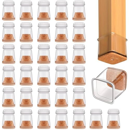 Wosyoodo 32 Stück Stuhlbeinkappen Eckig, Transparent Silikon Stuhlbeinschoner, Stuhlgleiter mit Filz, Filzgleiter für Hartholzböden, Schutzkappen Boden vor Kratzern Schützen(Fit:19-26mm)
