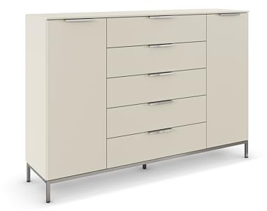 Rauch Möbel Flipp, Kommode, Farbe Beige, Breite 160 cm | Sideboard, 2-türig, 5 Schubladen, Soft-Close, Griffe, Metallkufe Chrom, für Schlafzimmer, Gästezimmer, Wohnzimmer