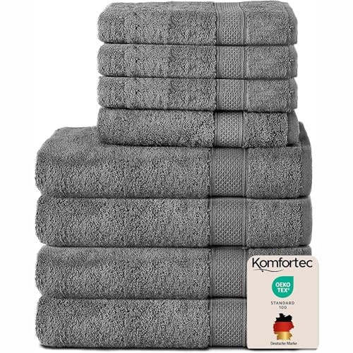 Komfortec Handtuch Set 8 Teilig aus 100% Baumwolle, Dunkelgrau | 4 Badetücher 70x140 cm, 4 Handtücher 50x100 cm, Frottee, Flauschig und Saugstark
