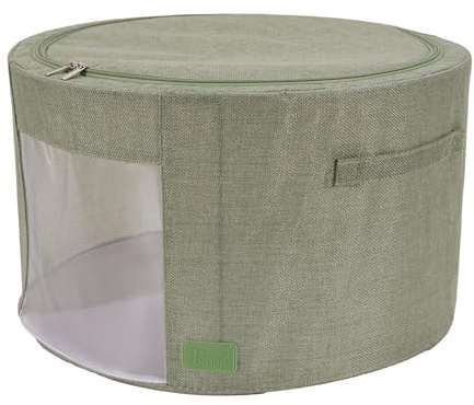 Periea 'Abby' Round Home Storage Boxes with Zip Lids, Front Window & Folding Steel Frame (Sage Linen, Large)