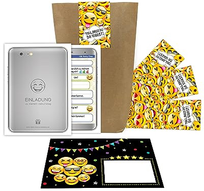 Junaversum 12 Einladungskarten zum Kindergeburtstag Mädchen Jungen Jungs Tablet Handy Smartphone/Einladungen zum Geburtstag incl. 12 Umschläge, 12 Tüten/natur, 12 Aufkleber