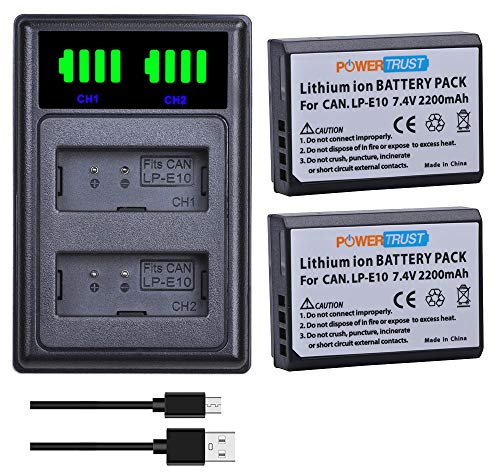 PowerTrust 2Pcs LP-E10 LP E10 Battery + LED Dual Charger for Canon EOS 1100D, 1200D, 1300D, 1500D, 2000D, 3000D, 4000D, Kiss X50, X70, X80, X90, Rebel T3,T5, T6, T7, T100