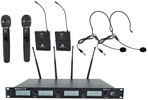 Rockville RWM-4Z Quad Wireless UHF Handheld/Headset Microphone System 20 Channel, Black