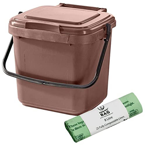Brown Kitchen Compost Caddy & 25x 8L Compostable Bags - for Food Waste Recycling (7 Litre) - 7L Plastic Composting Bin