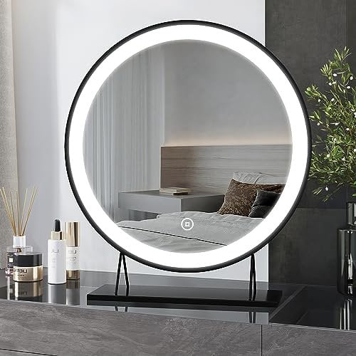 Heilmetz Hollywood Vanity Mirror Dressing Table, Vanity Mirrors with Lights, Light up Make up Mirror with Lighting 3 Color Temperature, Round Black Mirror ф48 cm