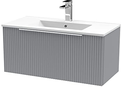 Hudson Reed DFF296B Fluted Modern Bathroom Wall Hung 1 Drawer Vanity Basin Unit with Minimalist Ceramic Basin, 800mm, Satin Grey