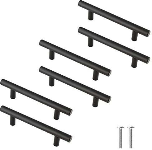 Cjueiom Matt Black Cupboard Handles - 76mm Hole Center T Bar, Stainless Steel Drawer Handles - 127mm Length for Kitchen Cabinet & Bedroom Drawer