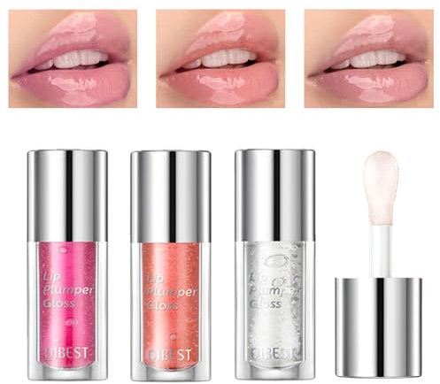 Gireatick Lip Plumper Make-up Kit, 3-teiliges Klares Flüssiges Lippenstift-Set, Lang Anhaltender Wasserdichter, Feuchtigkeitsspendender, Glänzender Lipgloss für Vollere Lippen