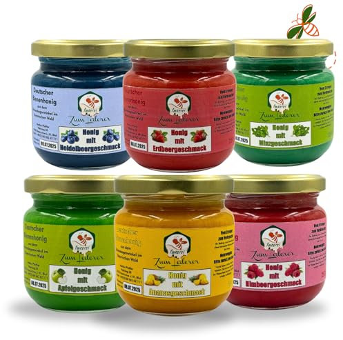 Imkerei zum Lederer - Honig Geschenkset – 6x 250g - Fruchtige Honigvielfalt – Honigset mit Erdbeer-, Himbeer-, Blaubeer-, Apfel-, Minze & Ananashonig je 250 g - Direkt aus dem Bayerischen Wald