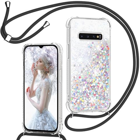 TUUTPU Handyband für Samsung Galaxy S10 4G Hülle mit Band, Glitzer Treibsand Handyhülle mit Kordel zum Umhängen Transparent Stoßfest Schutzhülle mit Kette Schnur, Quicksand Necklace Case in Schwarz