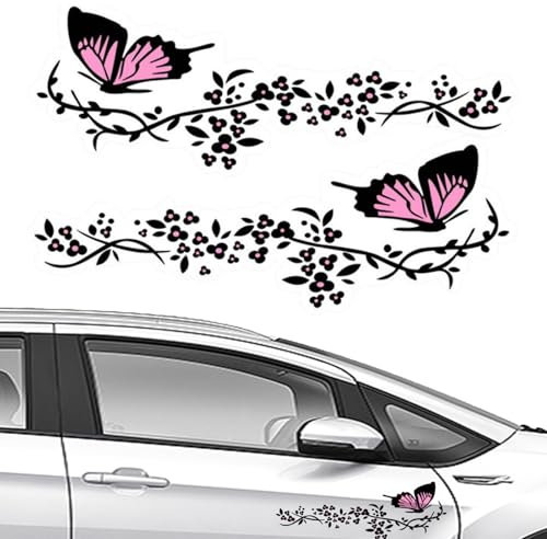 NIYATA 2Pcs Stickers Papillon pour Voiture, Stickers pour Voiture Avec Motif Fleurs et Papillons,pour Capot de Voiture,Planches à Roulettes,Moto,Valises,Murs(Noir et Rose)
