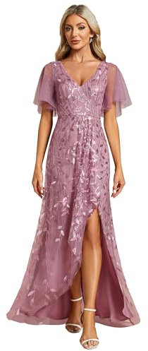 Ever-Pretty Women's Maxi Evening Dresses Sequin Embroidered Double V Prom Dress with Ruffles Sleeve Bridesmaid High-Low Dress Orchid 10UK