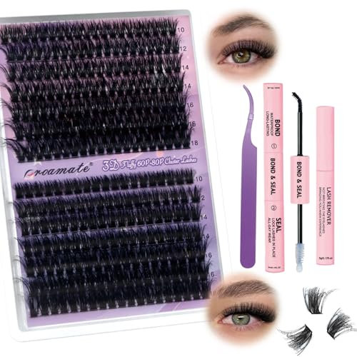 Proamate 280PCS ciglia finte ciuffetti per extension ciglia kit ciglia extension (3D Fluffy 60D + 80D Kit, 10-18mm)