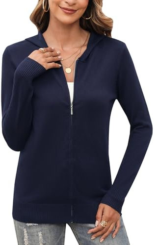 Aottori Cardigan Donna con Zip e Cappuccio Maglione Aperto Cotone Cappotto Lavorato a Maglia Golfino Elegante Leggero Autunno Blu Scuro L