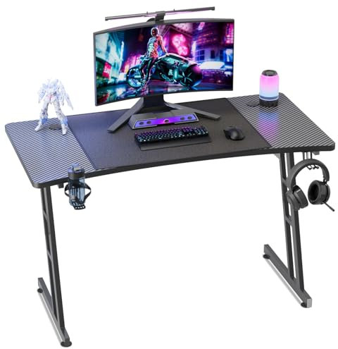 Kuro-sagol Bureau Gaming 120 x 60 cm, Bureau Gamer Informatique Ergonomique en Fibre de Carbone, Table Gaming avec Porte Gobelet et Crochet pour Casque, Noir