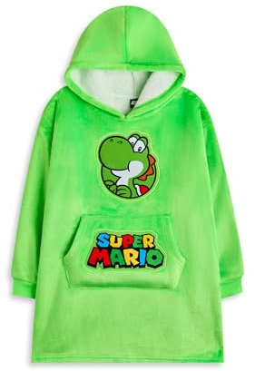 Super Mario Nintendo Tragbare Decke Unisex Hoodie für Kinder | Grüner Kapuzenpullover für Kinder mit Yoshi Charaktergrafiken | Sherpa-gefütterte Loungewear mit Taschen für Jungen und Mädchen