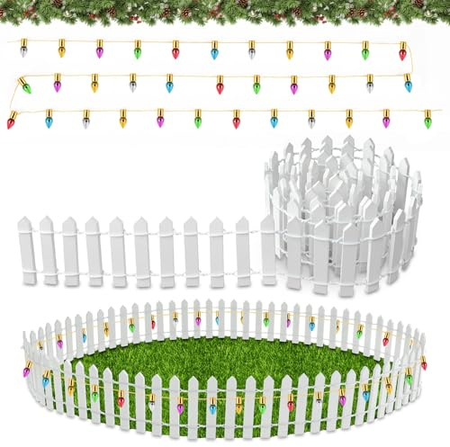Wichtel Zubehör Weihnachten, Miniatur Zaun Gartenzaun Holz, 90 x 5 cm Wichtel Zaun mit 100 cm Deko Lichterkette, Weihnachten Miniatur Zaun Holzzaun, Puppenhaus Zubehör Weihnachtswichtel Zubehör (E)