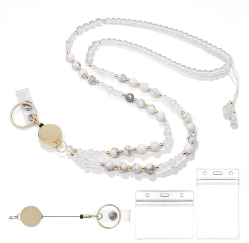 Schlüsselband Lanyard, Ausweishalter Ausziehbar mit Perlen-Naturstein-Schlüsselband AEinziehbares Schlüsselanhänger mit 2 Stücke Ausweishalter Kartenhalter für Krankenschwestern Lehrer Nurse
