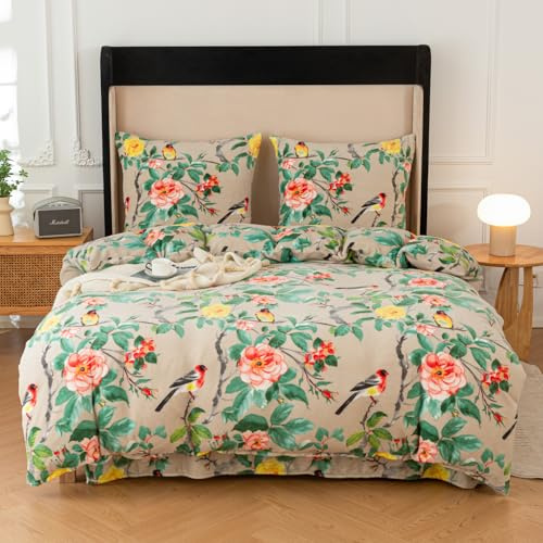 FEBE Bettwäsche 135x200 Winter Warme Blumen Muster Bettbezug-Set mit Kissenbezug 2teilig mit Reißveschluss Kuschelige Plüsch Fleece Kuschelbettwäsche