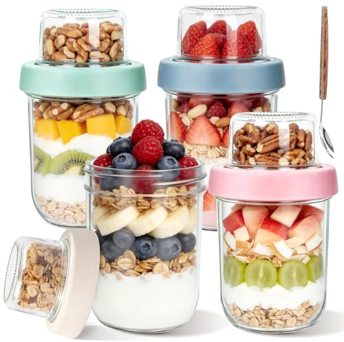 Overnight Oats Jar with Lids and Spoon -600ml(480+120),4 Pack Dual-Layer Yoghurt Pots for Dry-Wet Separation,Glass Jars Breakfast Pots for Cereal Nut Fruit,Overnight Oats Containers for Salad,Cereal
