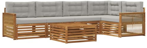vidaXL Outdoor-Sofagarnitur mit Kissen 6 pcs Natürlich und Hellgrau, Patio Ecksofa, modernes Lounge-Set für draußen, wetterfestes Gartenmöbel für die Terrasse, Bequeme Sitzgelegenheit