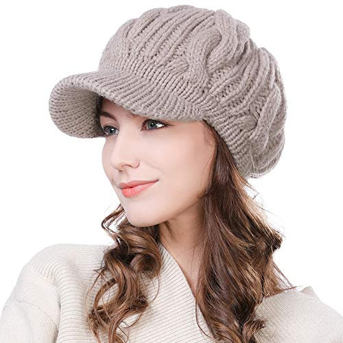 Fancet Damen gestrickte Barett Mütze Dicke Strickmütze mit Visor Baskenmütze Schirmmütze