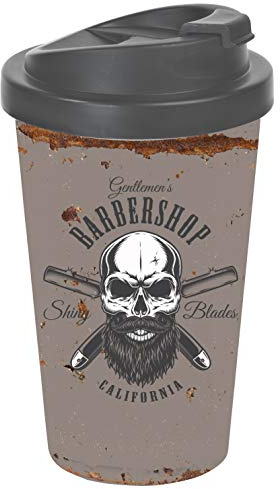 GEDALABELS 13666 Totenkopf Barber Skull Coffee to go Becher, Thermosbecher, Mehrwegbecher, PP, Beige/Grau