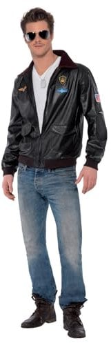 Smiffys Top Gun Bomber Jacket, Adults Brown Leather Look Maverick Jacket, Official Top Gun License Costume with Aviation Badges, Pocket Detail & Faux Leather, Halloween Costume, Small