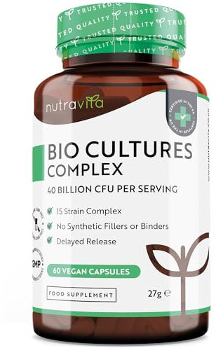 Bio Cultures Komplex – 40 Mrd KbE pro Tagesdosis mit 15 Bakterienstämmen – Hochdosiert Vegane Probiotikum Kapseln mit hoher Wirksamkeit und intensivem Wirkstoffgehalt – Hergestellt von Nutravita