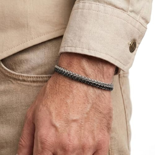 Galis Mens Bracelet - Stainless Steel for Men, Non Tarnish Rope Chain Bracelets, for Men, Dad, Husband, Boyfriend - Silver & Black 7