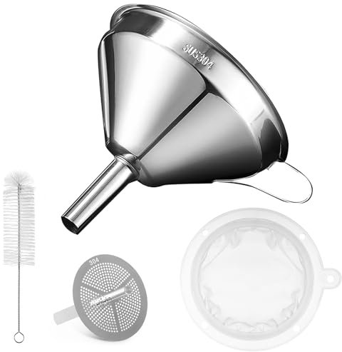 Voxmude Stainless Steel Funnel (5 inch Mouth, 0.63 inch Stem) - Funnel for Filling Bottles, Cooking Oil, Tea, Grease, Juice, Food Strainer with 200 Mesh Filter - Silver