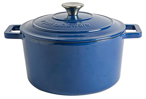 Argon Tableware 4.5L Round Cast Iron Casserole Dish with Self-Basting Lid - Midnight Blue - 1x Induction Hob Cooking 4.75QT Dutch Oven Bread Baking Serving Roasting Stew Stock Pot Cookware Pan