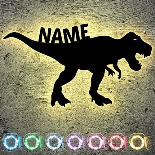 T Rex Dinosaurier Spielzeug Tier LED Deko , personalisiert mit Wunsch Namen - Schlummerlicht Nachtlicht für Kinderzimmer Geschenk - Dekoration Dino Geburtstag für Kinder - Wandlampe - in 13 Farben