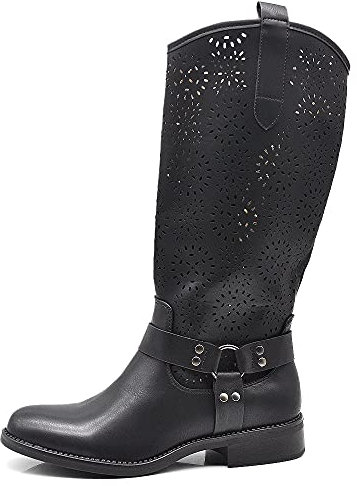 IF Fashion Stivali Stivaletti da Donna Biker Motociclista Traforati Primaverili Estivi con Cinghie GR-6601 Nero N.37