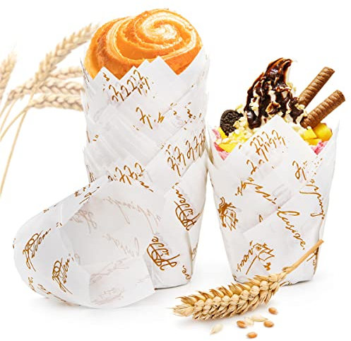 Spesh 100 Stücke Papier Muffinförmchen in Tulpenform (Weiß-Gold Buchstaben)