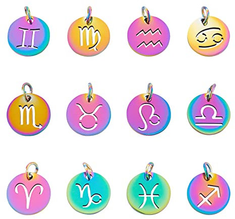 UNICRAFTALE 24Pcs Arc-en-Couleur 12 Constellations Charme 201 en Acier Inoxydable Signe du Zodiaque Pendentifs avec Anneaux de Saut Plat Rond avec Constellation Pendentif pour DIY Bijoux