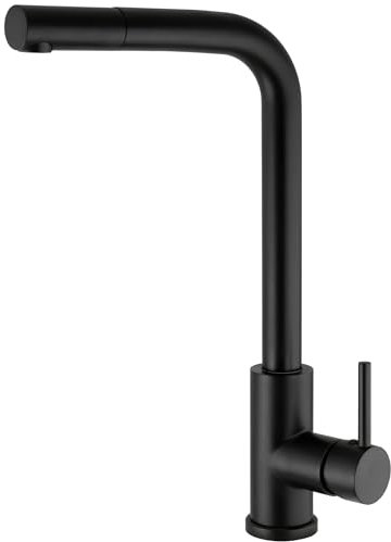 VALAZ Grifo Cocina Extraible Negro Mate | Grifos Cocina Fregadero | Alta Presión, Monomando, Giratorio 360º, Ahorro de Agua | Instalación Fácil y Rápida | Latón, Acero Inoxidable, Serie Amur