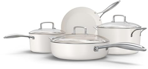 Yatoshi Batterie de cuisine antiadhésive en céramique (7 pièces) – Non toxique, sans PTFE et sans PFOA – Passe au four et compatible avec toutes les cuisinières (gaz, électrique et induction)