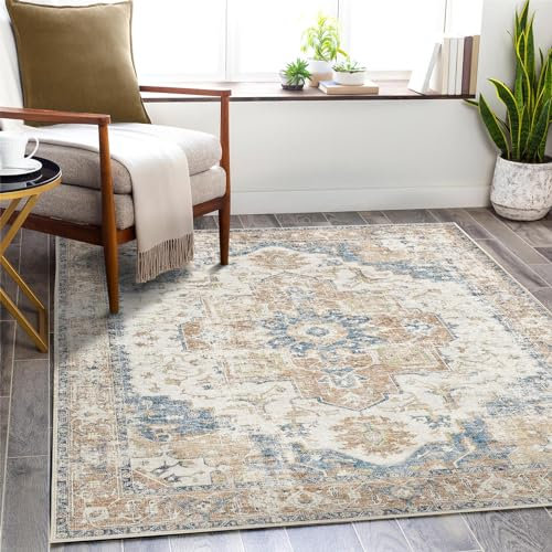 TOPICK Teppich Wohnzimmer Waschbar Kurzflor Retro Teppich 120x180cm Orange Blumen Orientalischer Faltbar Weich rutschfest Dünn Schlafzimmer Kinderzimmer Wohnzimmer Flur