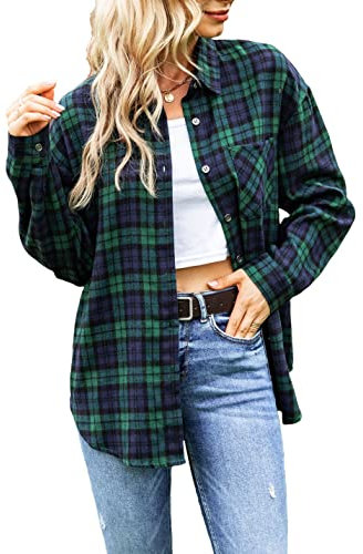 Megfie Chemise surdimensionnée à carreaux en flanelle douce pour femme - Chemise enroulable à manches longues en flanelle, Vert foncé, XL