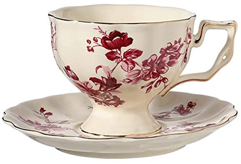 FülleMore Kaffeetasse mit Untertasse aus Keramik 250ml Espressotasse Rosen Blumen Muster Mokkatasse Cappuccinotasse für Heißgetränke Kaffee Tee (Rot)