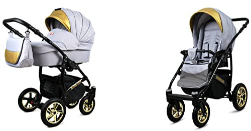 BabyLux® Bambimo Kinderwagen Set 2 in 1 - Gold Lux - incl. Babywanne, Buggy Sportsitz - Kinderwagenset - Kombikinderwagen mit Wickeltasche, Regenschutz, Moskitonetz, Cupholder usw.