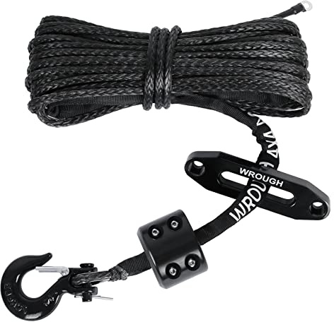 Synthetisches Seilwinde, 0,6 cm, 15 m, schwarz, strapazierfähig, 4,5 kg, ATV-Windenseil mit Stahlhaken, Gummistopper, Schutzhülse/Mantel und Fingerhut, universelle Passform für ATV, SUV, Fahrzeug,