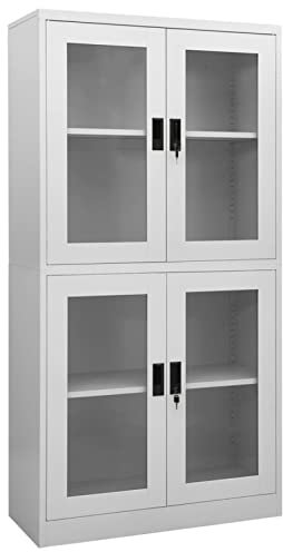 JUNZAI Büroschrank, Aktenschrank, Werkzeugschrank, Metallschrank, Stahlschrank, Kellerschrank, Universalschrank, Lagerschrank, Hellgrau 90x40x180 cm Stahl und Gehärtetes Glas